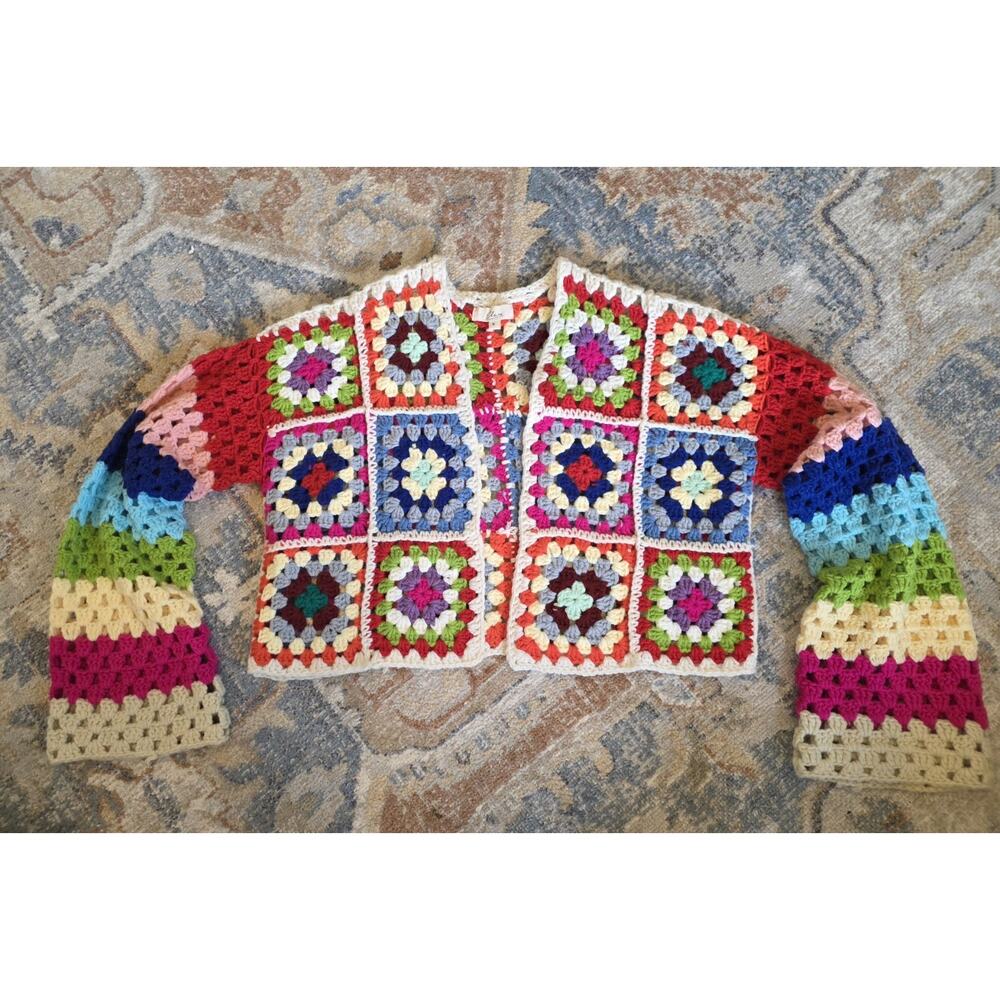 Elan International Rainbow Granny Square Cropped Cardigan Size Small